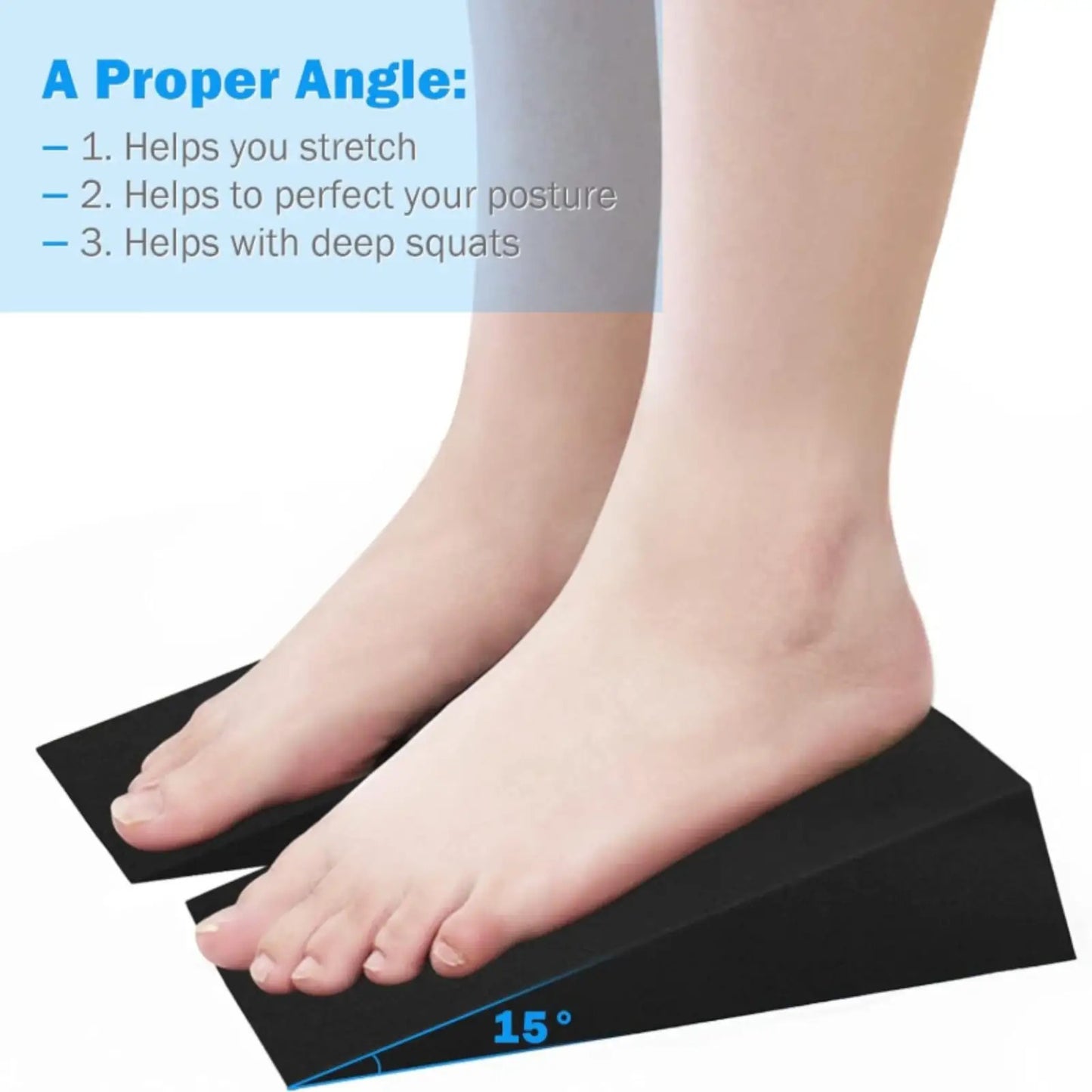Person using a black squat wedge for foot stretching with text on proper angle benefits.