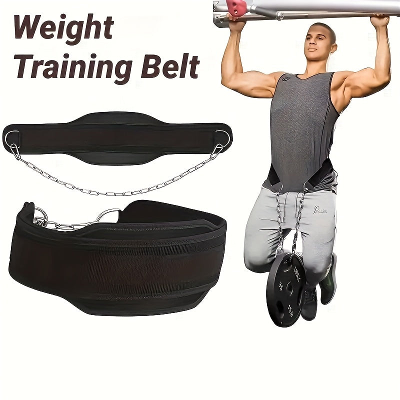 Black weighted dip belt, shown on a person lifting weights.