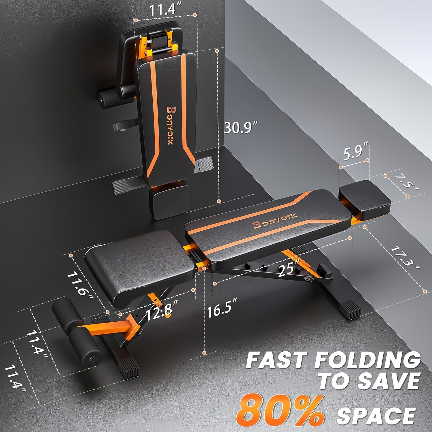 Multifunctional workout foldable bench with measurements and space-saving feature on a gray background
