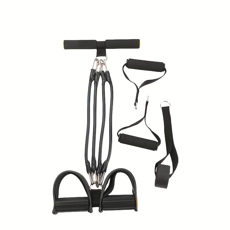 Black Foot Pedal Resistance Band with handles and loops on a white background