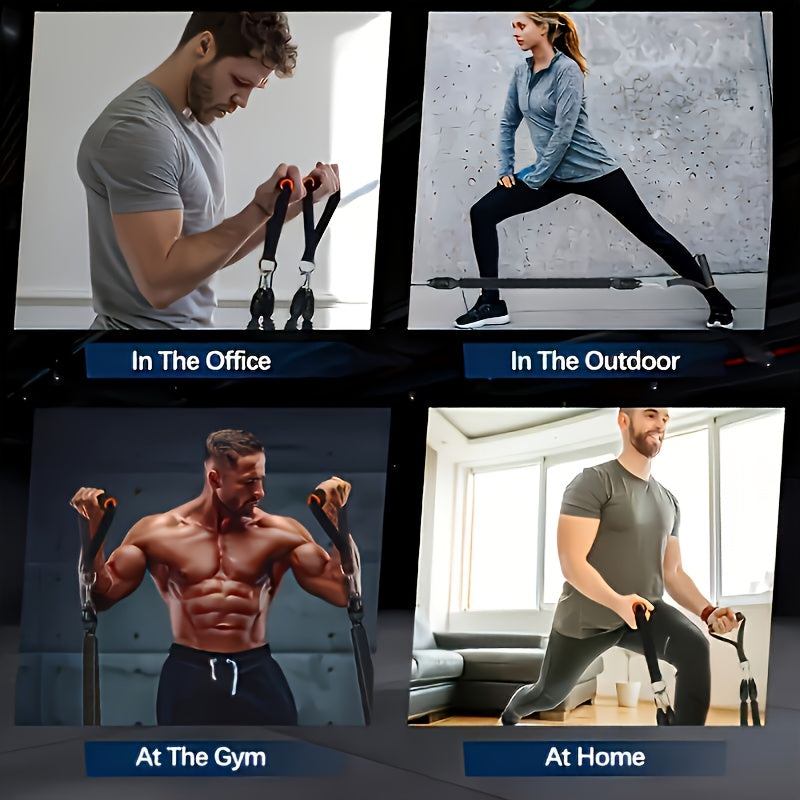 Collage of people using Foot Pedal Resistance Band in various settings: office, outdoor, gym, and home.