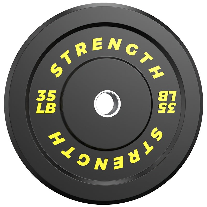 Black weight plate with 'Strength' text and yellow numbers on a white background