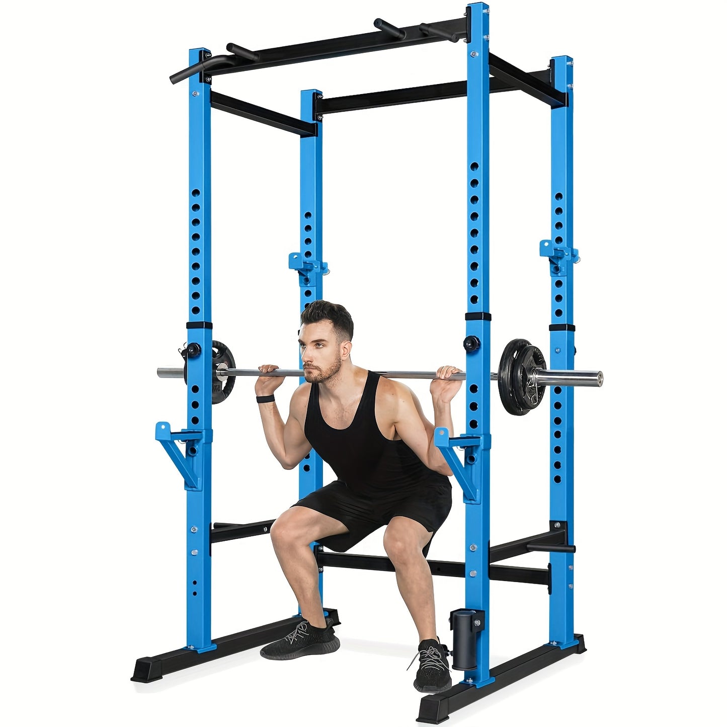 A man using a blue squat smith machine with a barbell on a white background