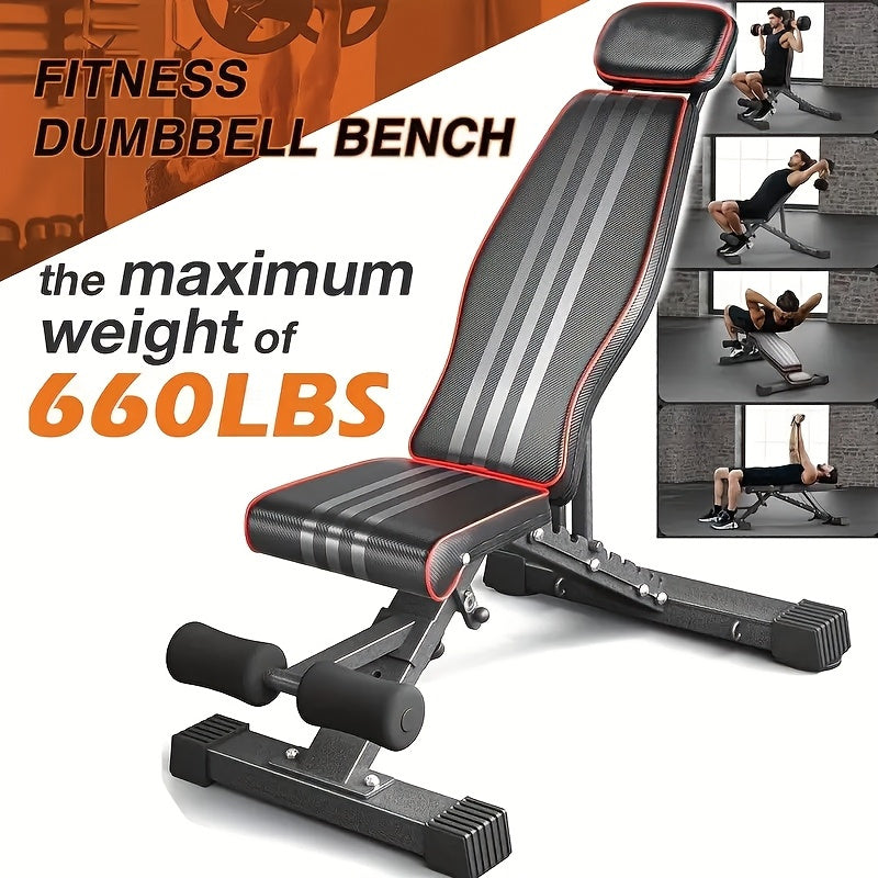 Weight adjustable bench with weight capacity display and usage examples on a white background