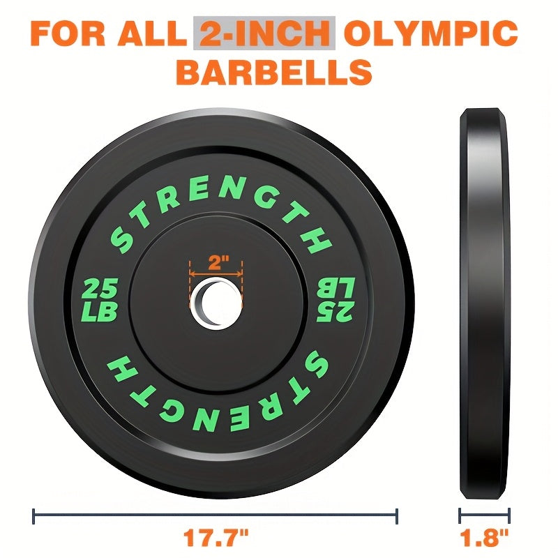 Black weight plate with green text for 2-inch Olympic barbells, showing dimensions on a white background.