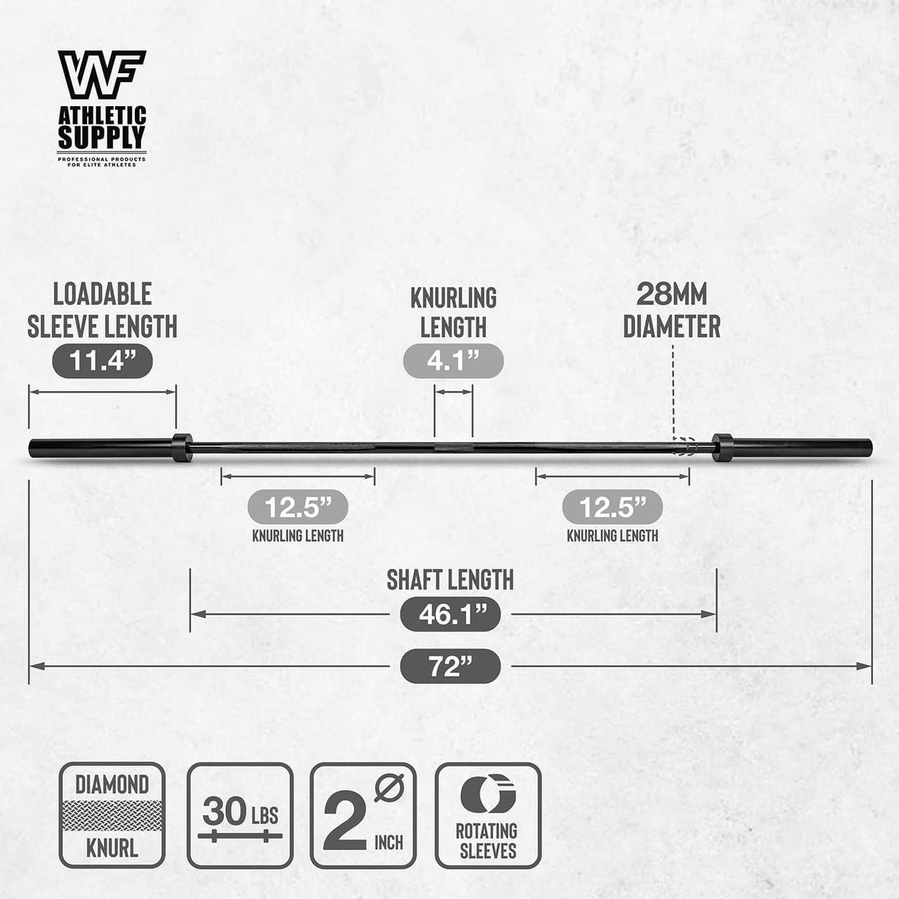 Measurement chart of a barbell bar with labeled dimensions on a white background.