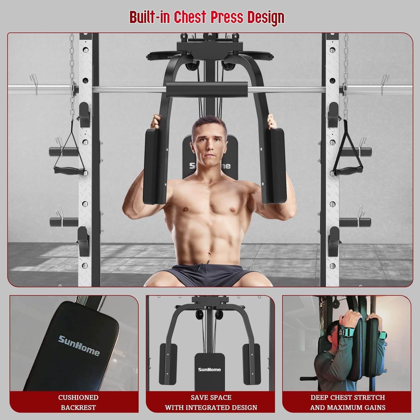 Man using a call in one smith machine with text highlighting features like 'Built-in Chest Press Design' and 'SunHome' branding.