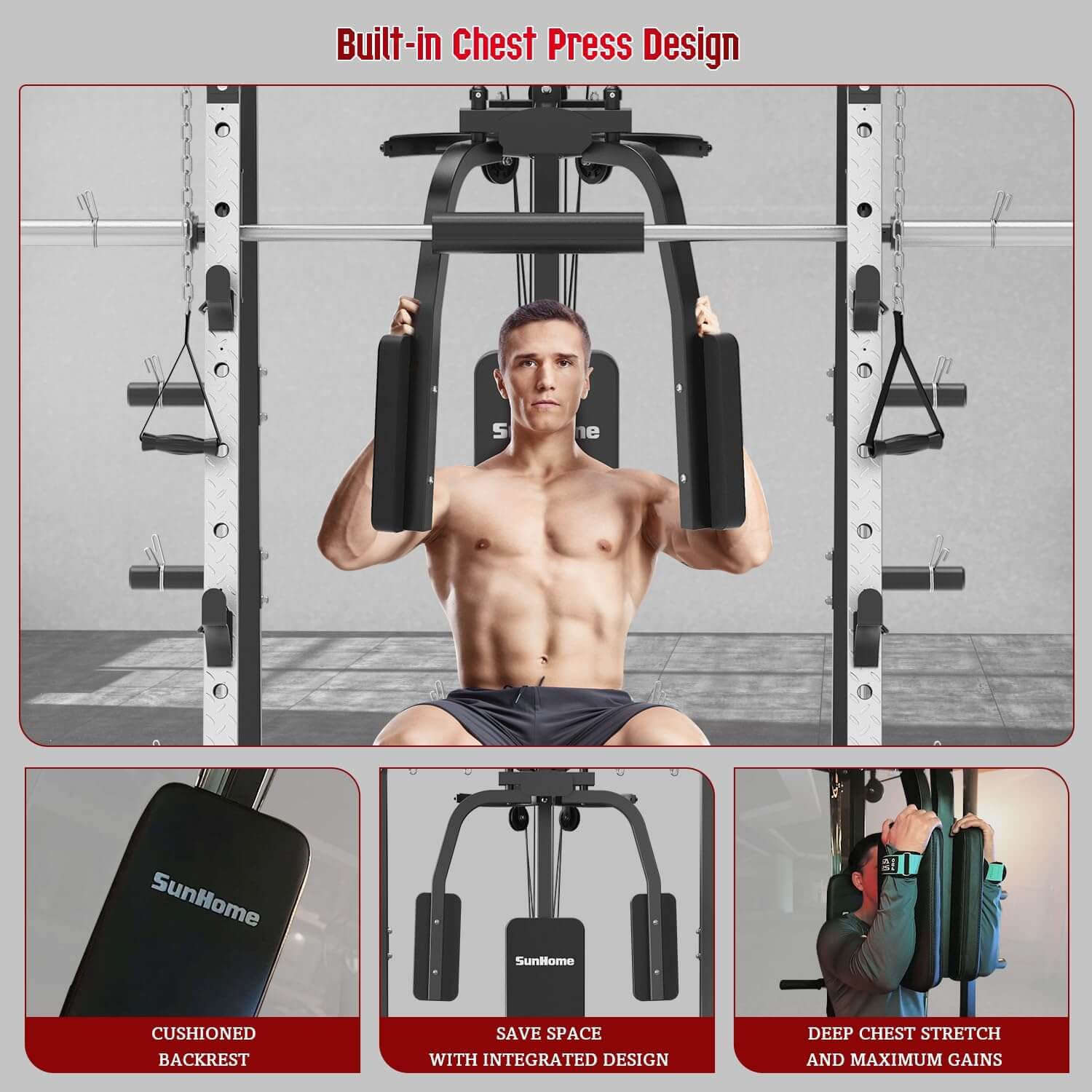 Man using a call in one smith machine with text highlighting features like 'Built-in Chest Press Design' and 'SunHome' branding.