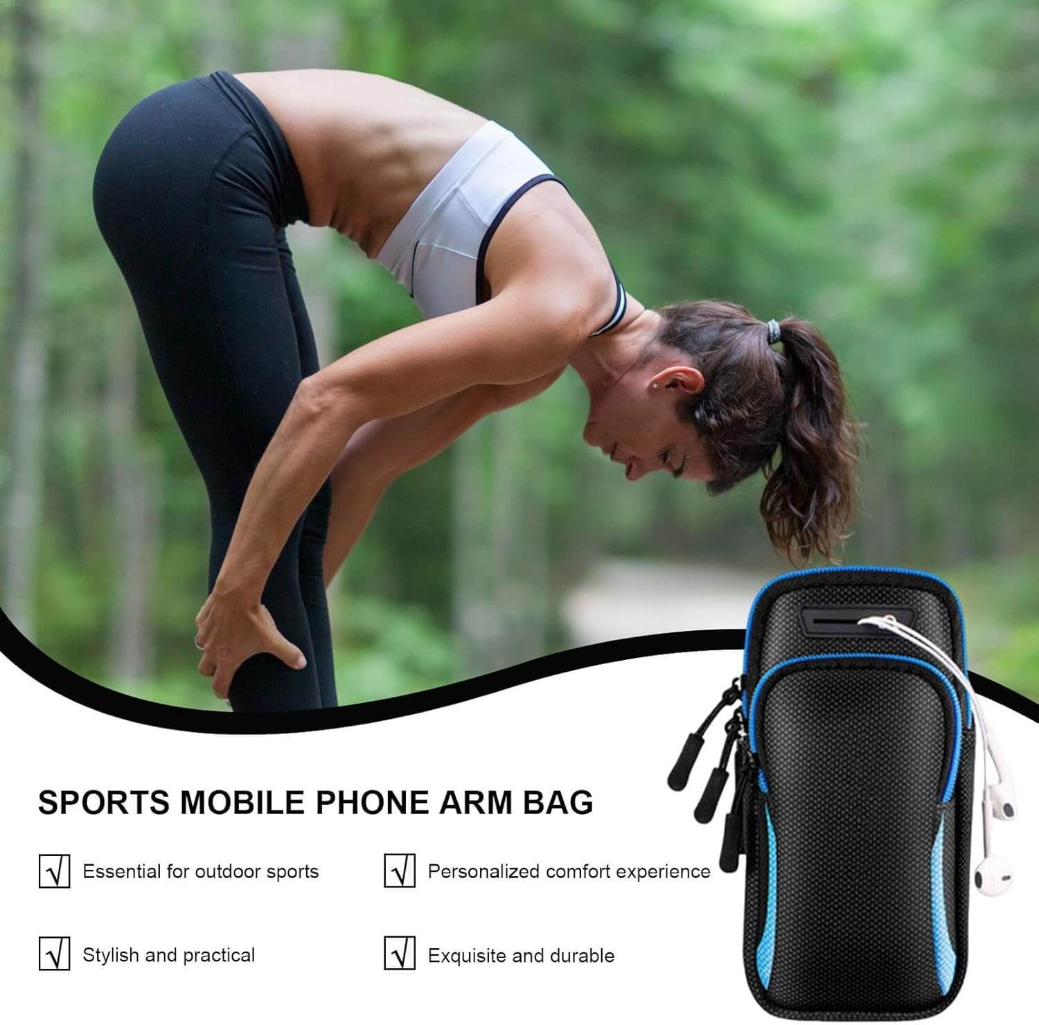 Woman exercising outdoors with a black arm phone holder for running.