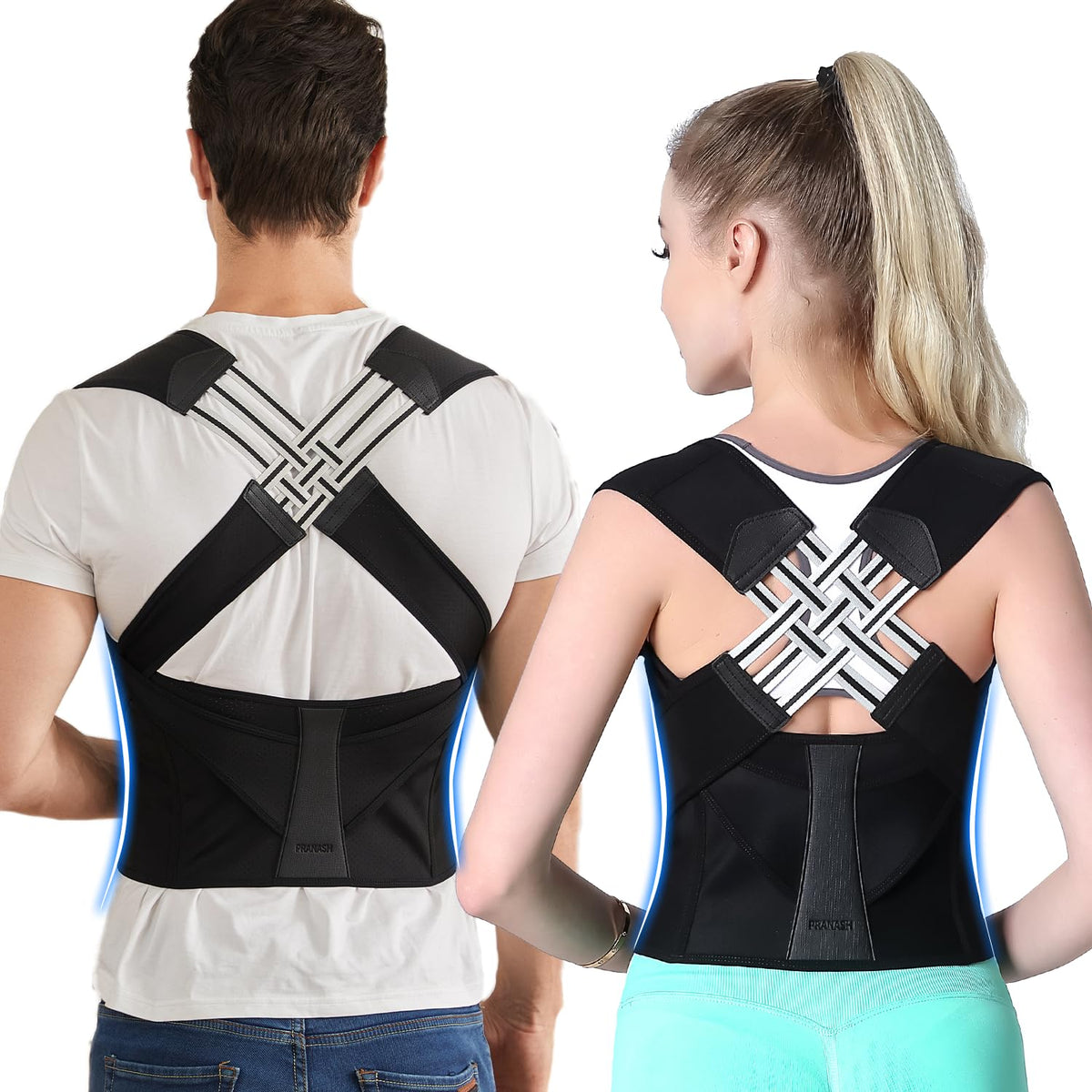 Two models shown from the back wearing black posture corrector back belts with white and gray woven support straps. The image displays the product on two models, highlighting the back support design.