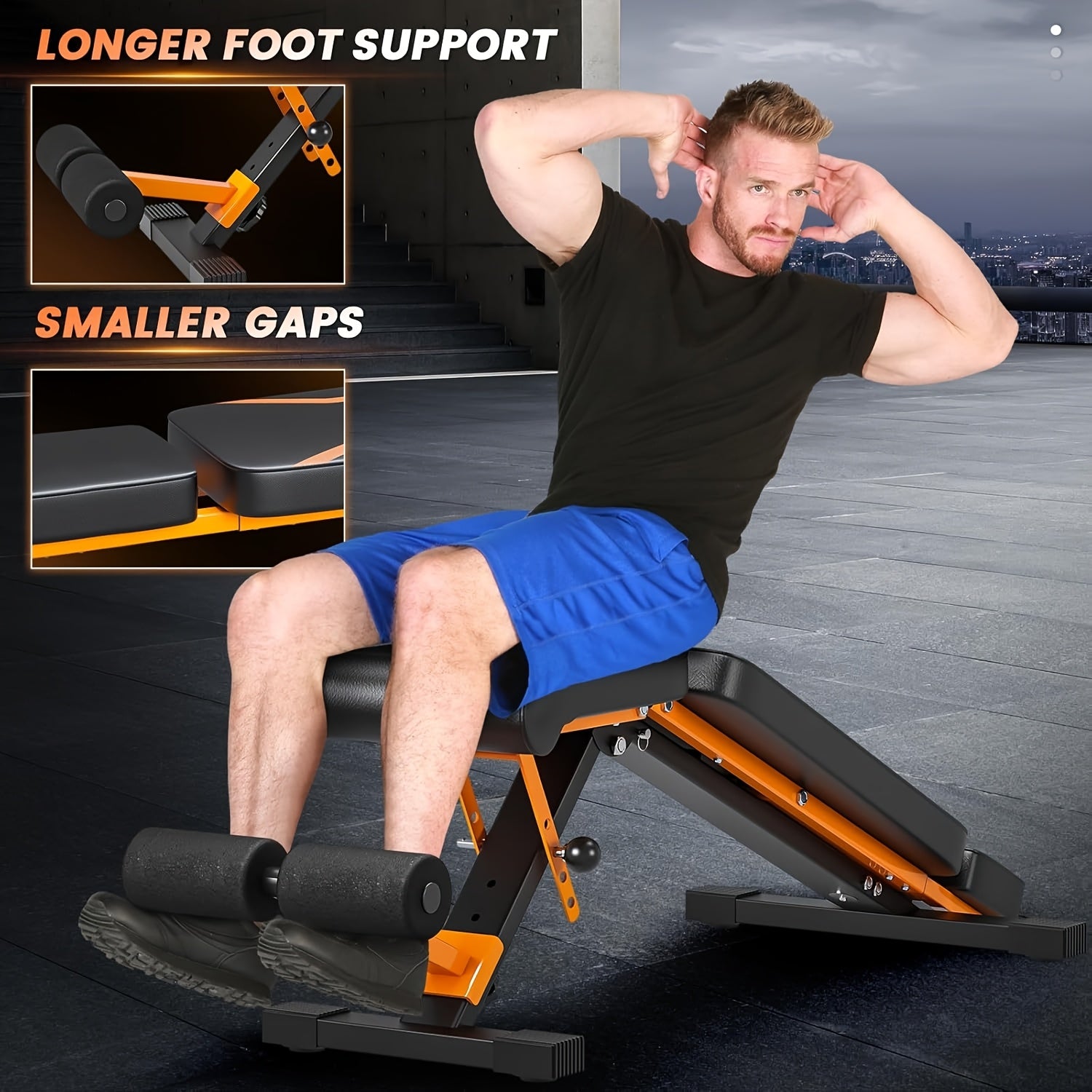 Man using a adjustable workout bench with text highlighting 'Longer foot support' and 'Smaller gaps'.