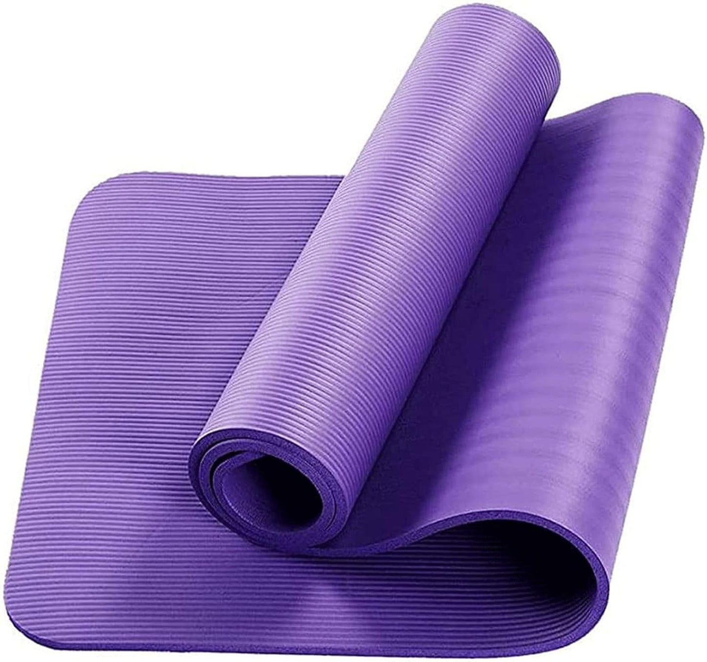 Purple yoga mat with rolled-up section on a white background