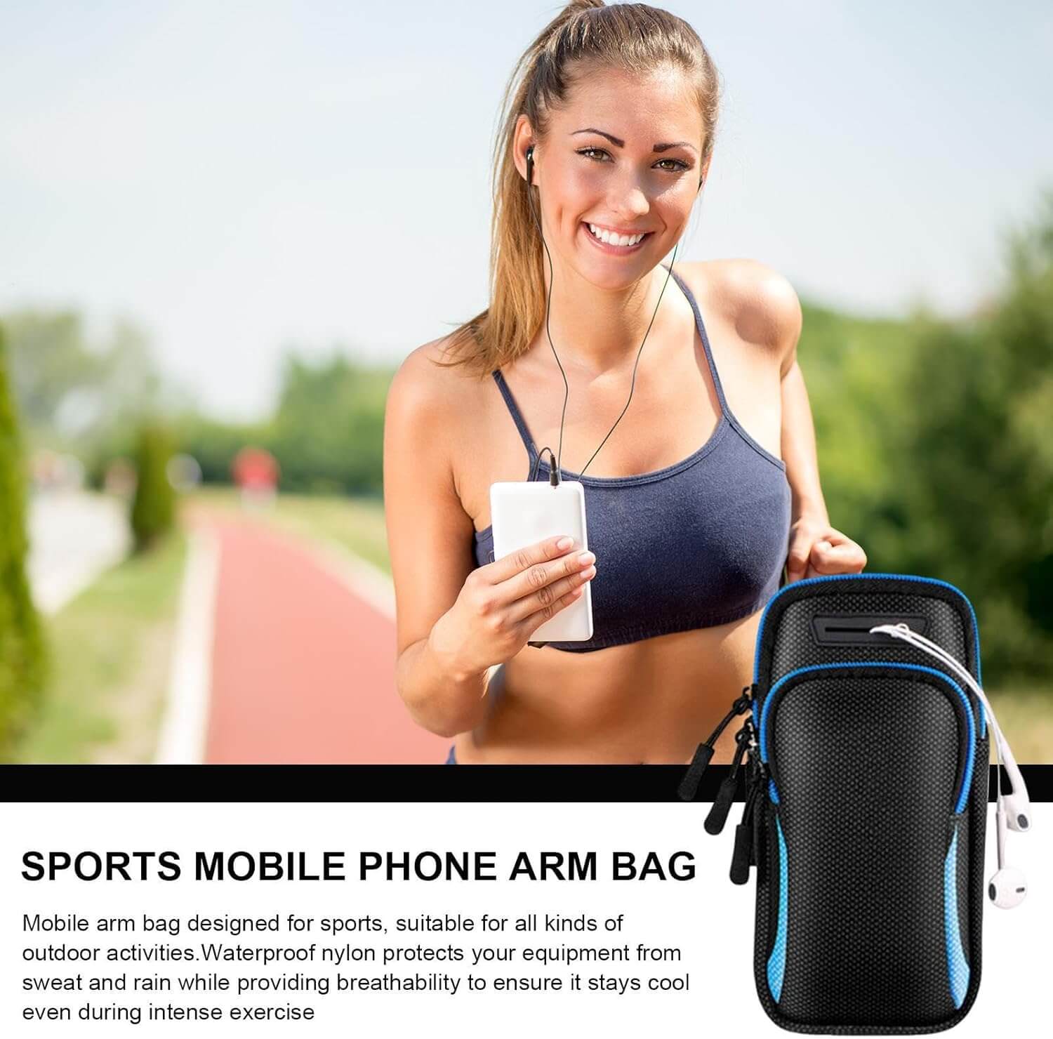 Woman running outdoors with a black arm phone holder for running