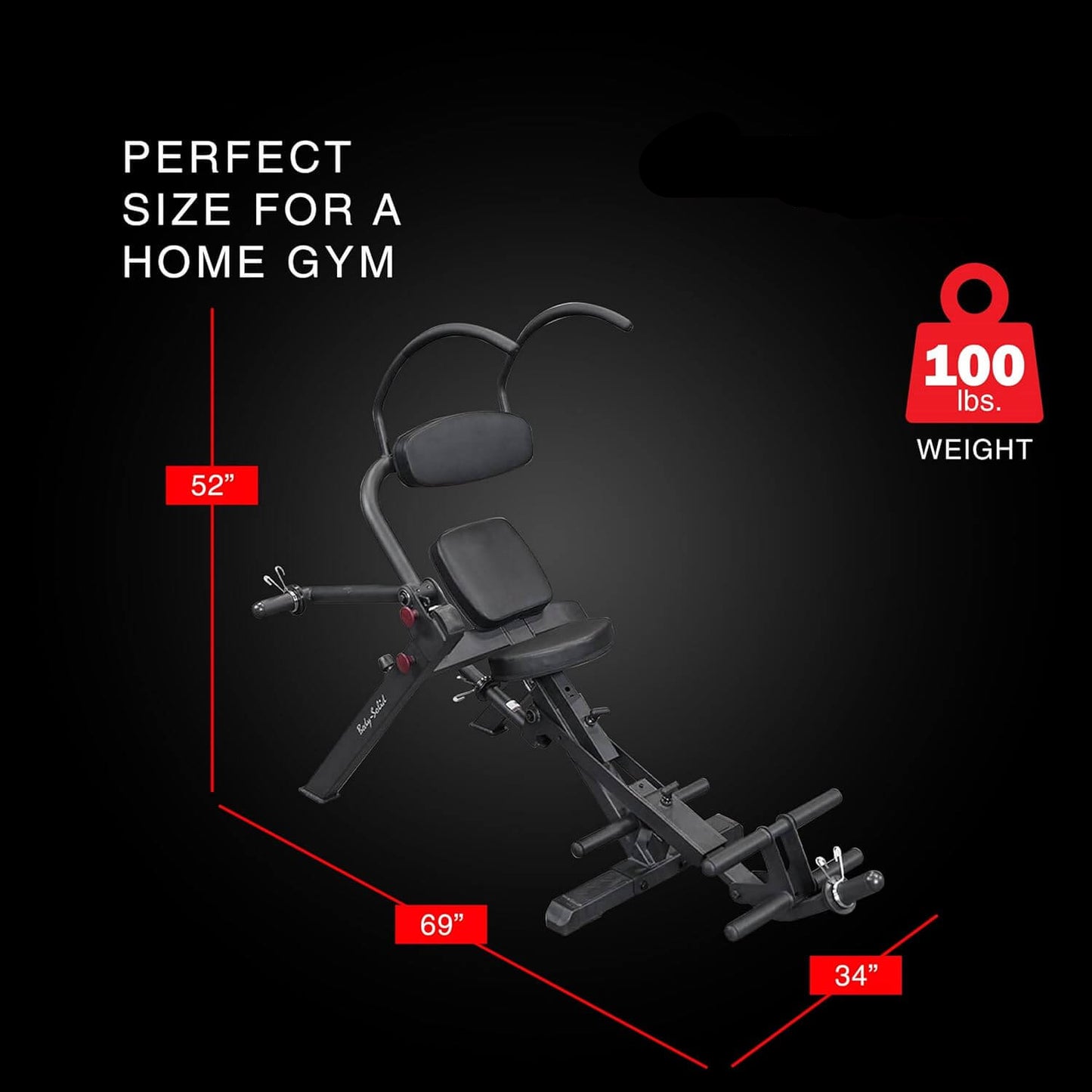 A semi-recumbent ab bench with dimensions and weight capacity on a black background