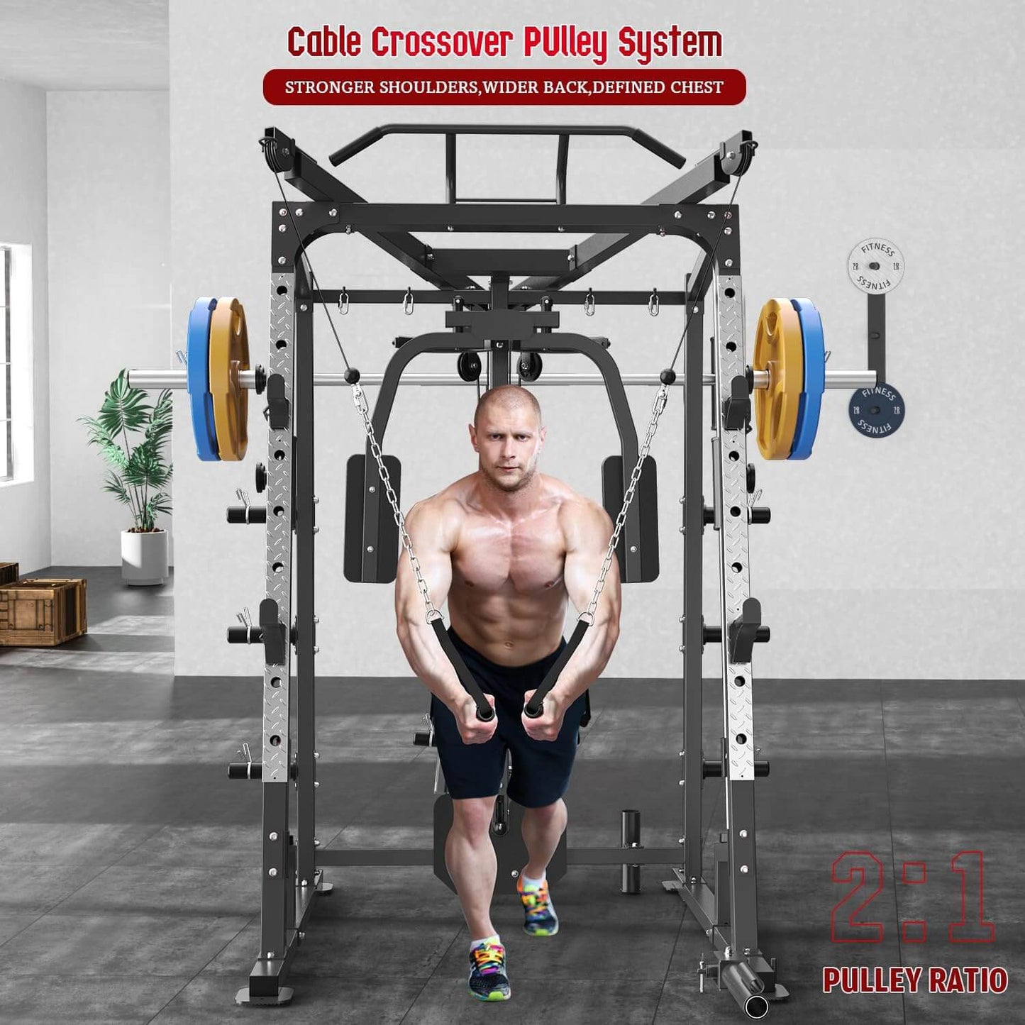 Man using a cable crossover pulley system on a all in one smith machine in a gym setting