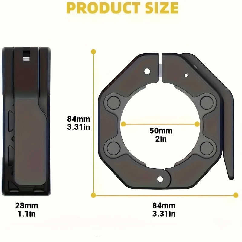 Measurement chart of a black barbell clamp with dimensions labeled