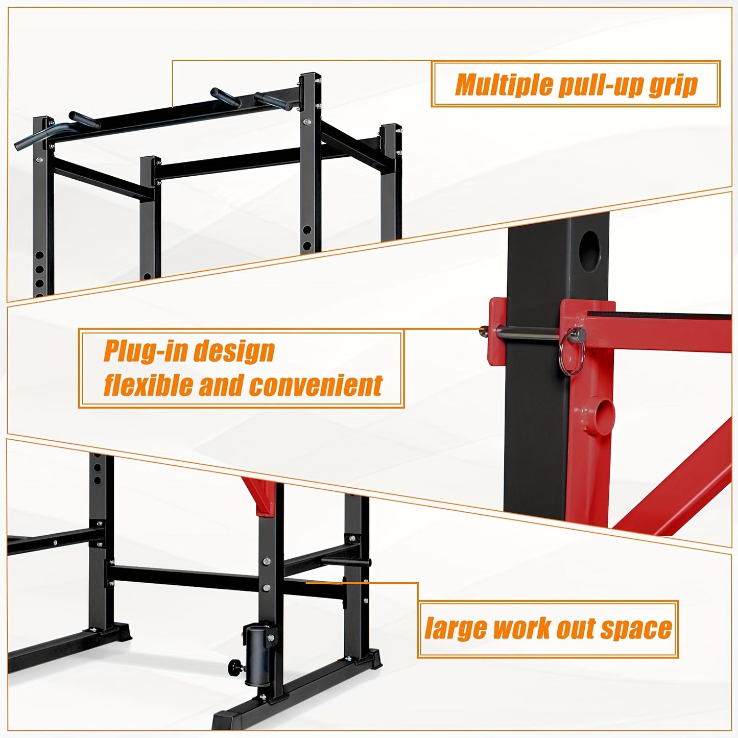Fitness equipment with multiple pull-up grips, plug-in design, and large workout space on a white background.