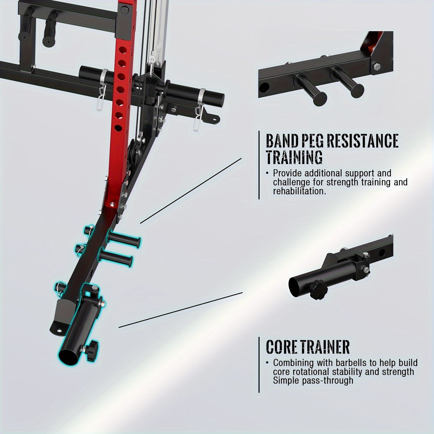 Smith machine with band peg resistance training and core trainer features on a light gray background.