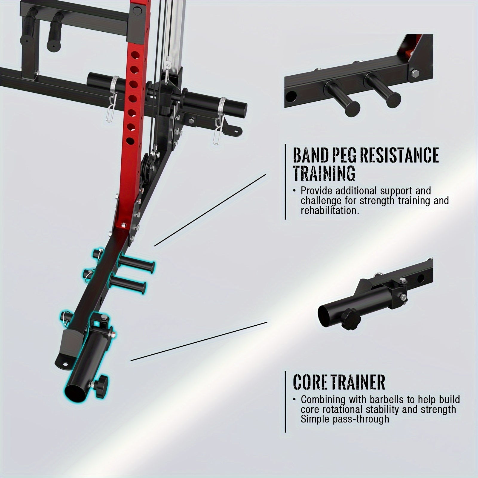 Smith machine with band peg resistance training and core trainer features on a light gray background.