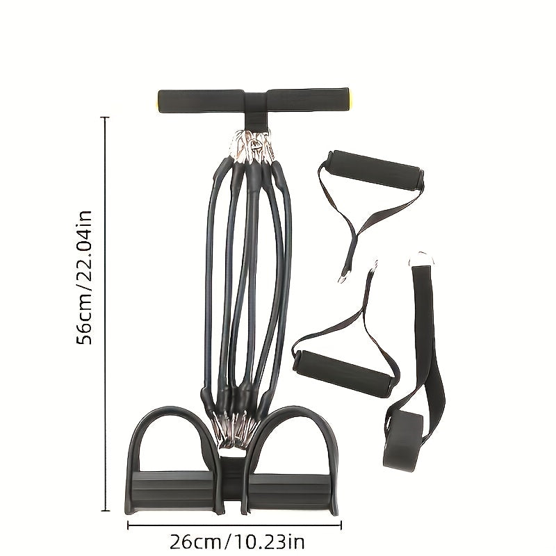 Black Foot Pedal Resistance Band with handles and measurement details on a white background. 