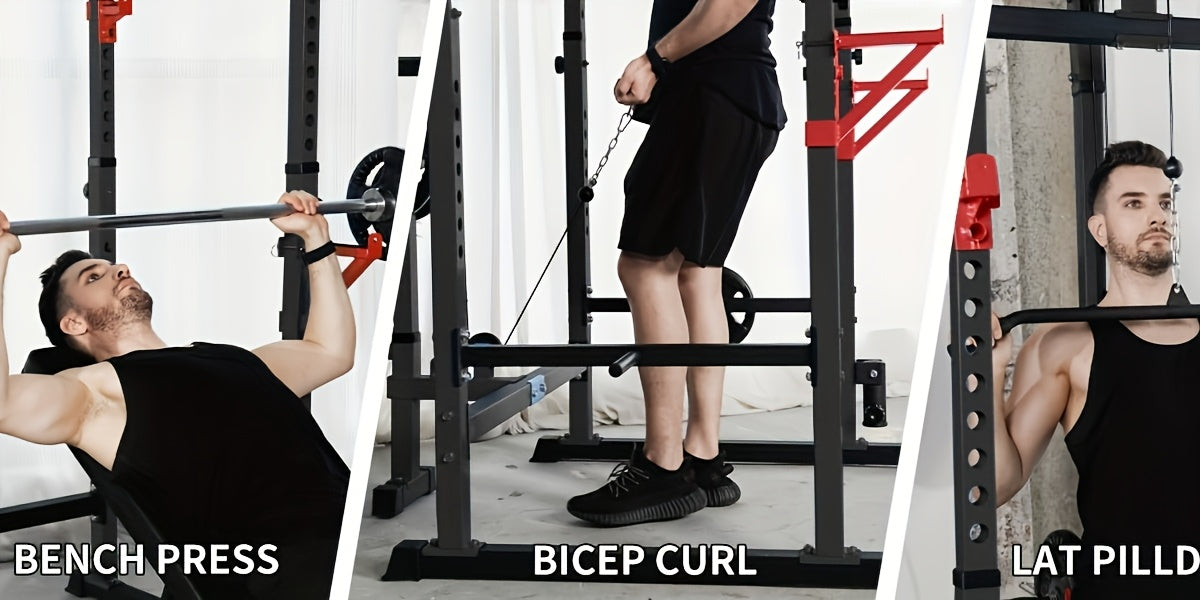 Three different gym exercises performed by a person: bench press, bicep curl, and lat pulldown.