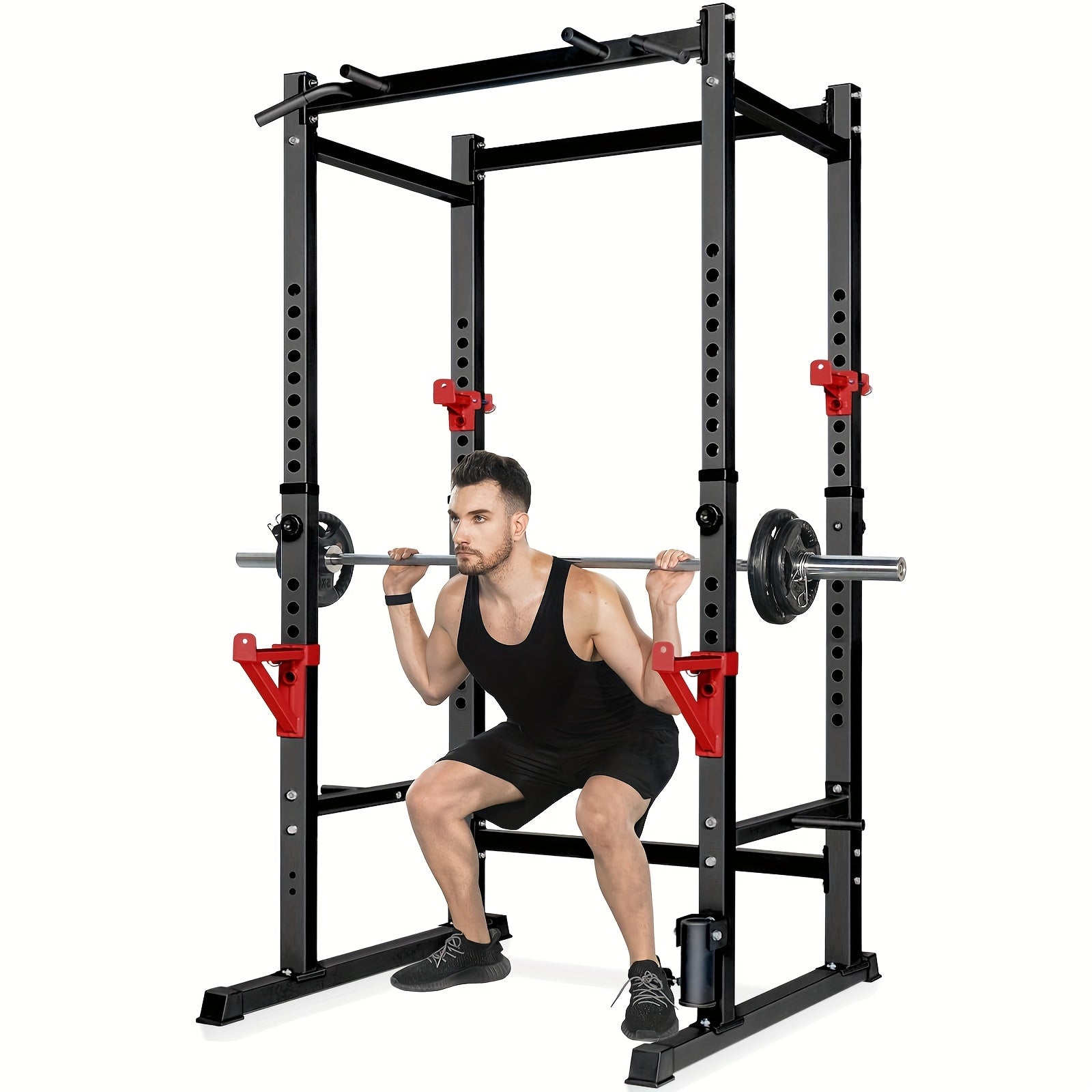 A man using an adjustable squat  rack with weights on a white background