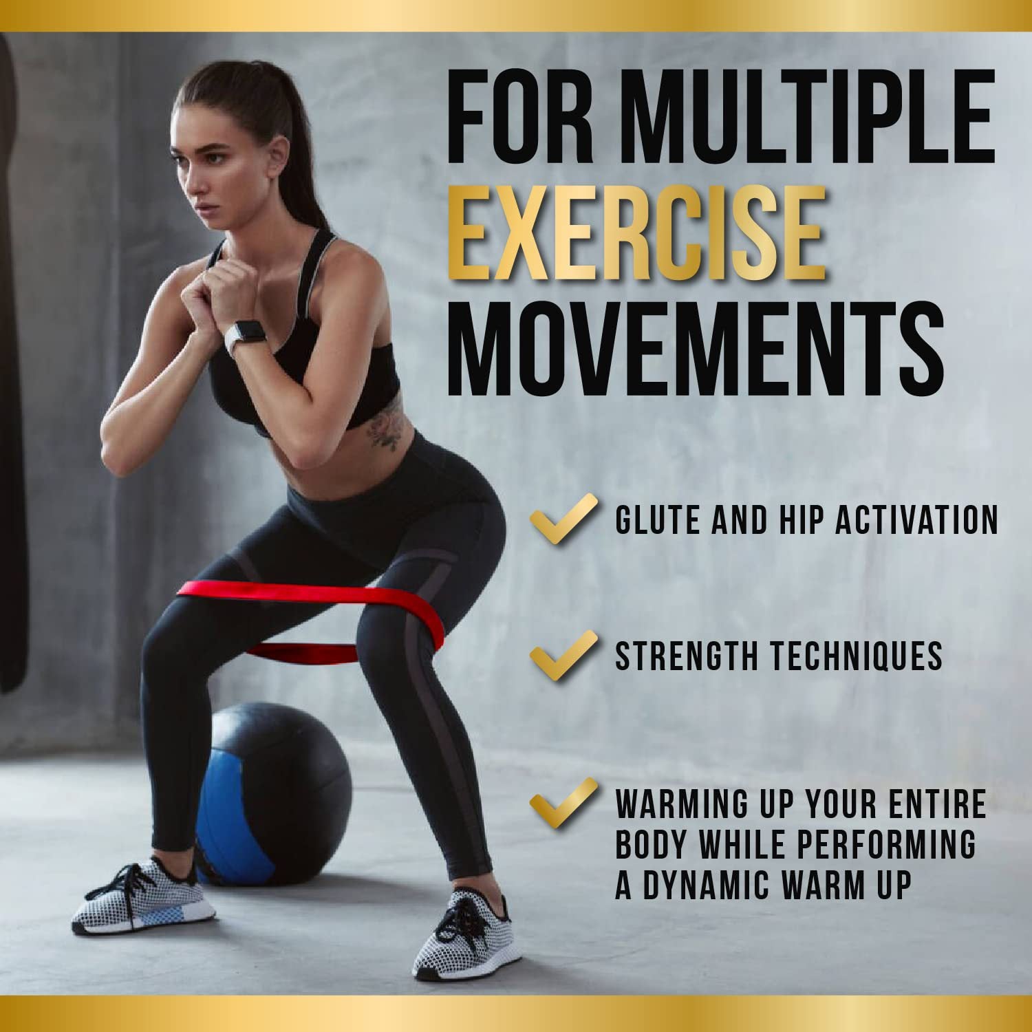 Woman exercising with resistance bands and a medicine ball, with text about exercise movements on a gray background.