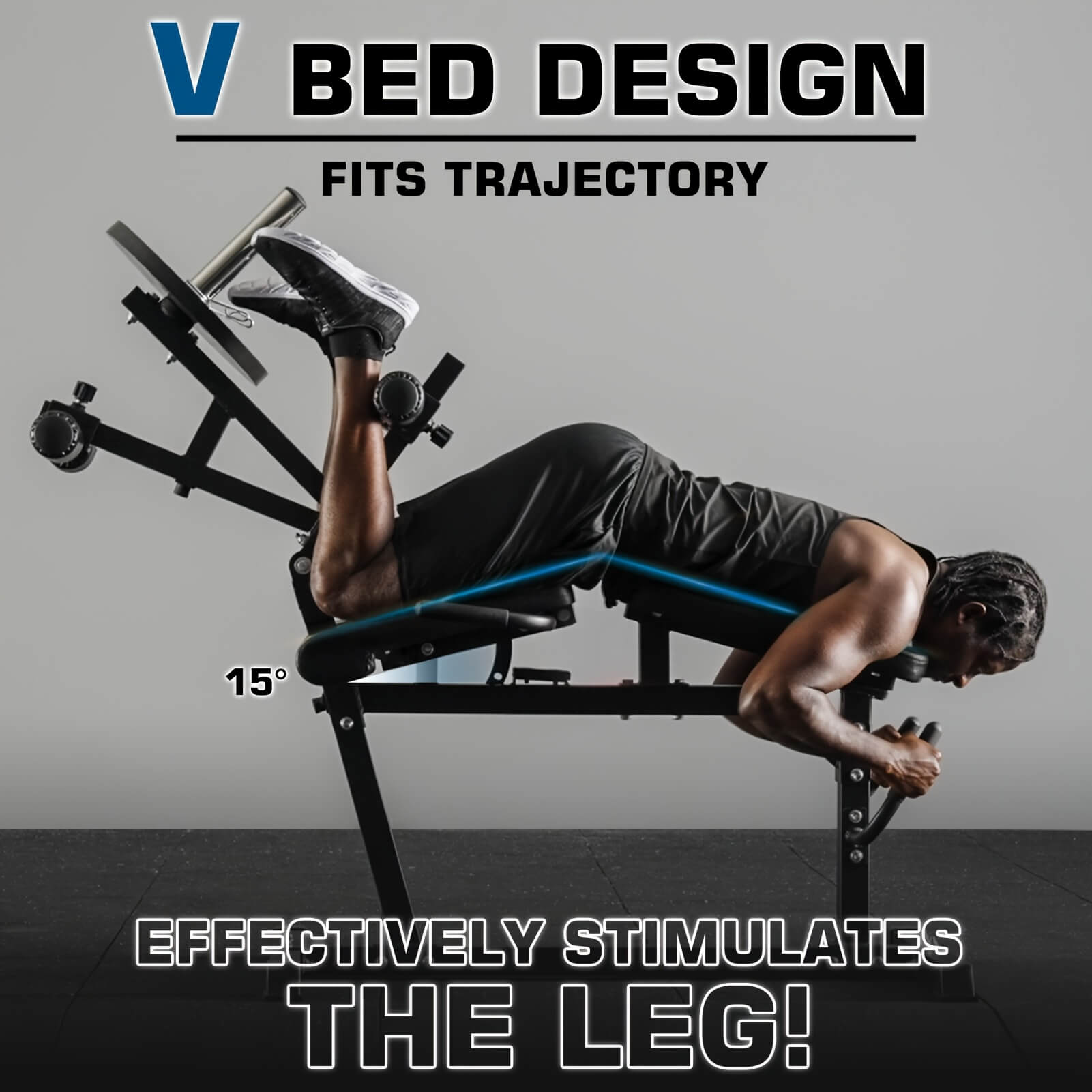 Person using a leg extension machine with text about bed design and leg stimulation.