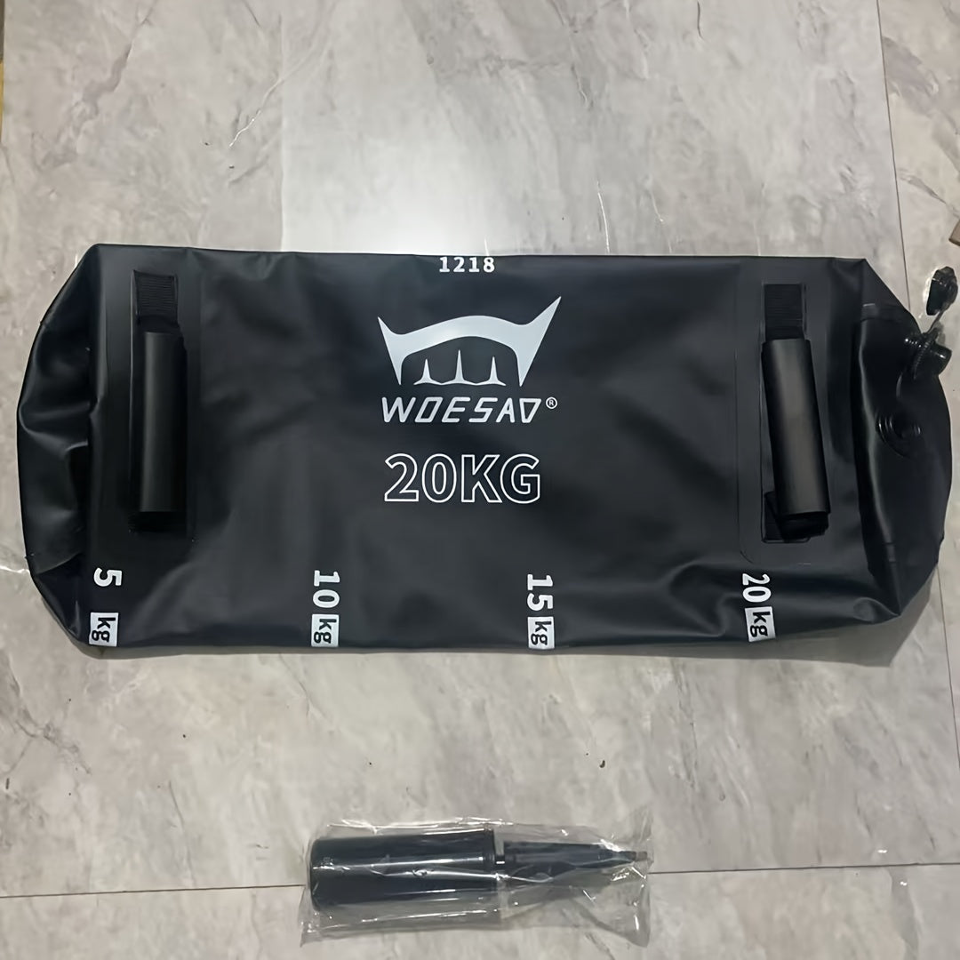 Black water weight bag​ with weight markings on a gray floor.