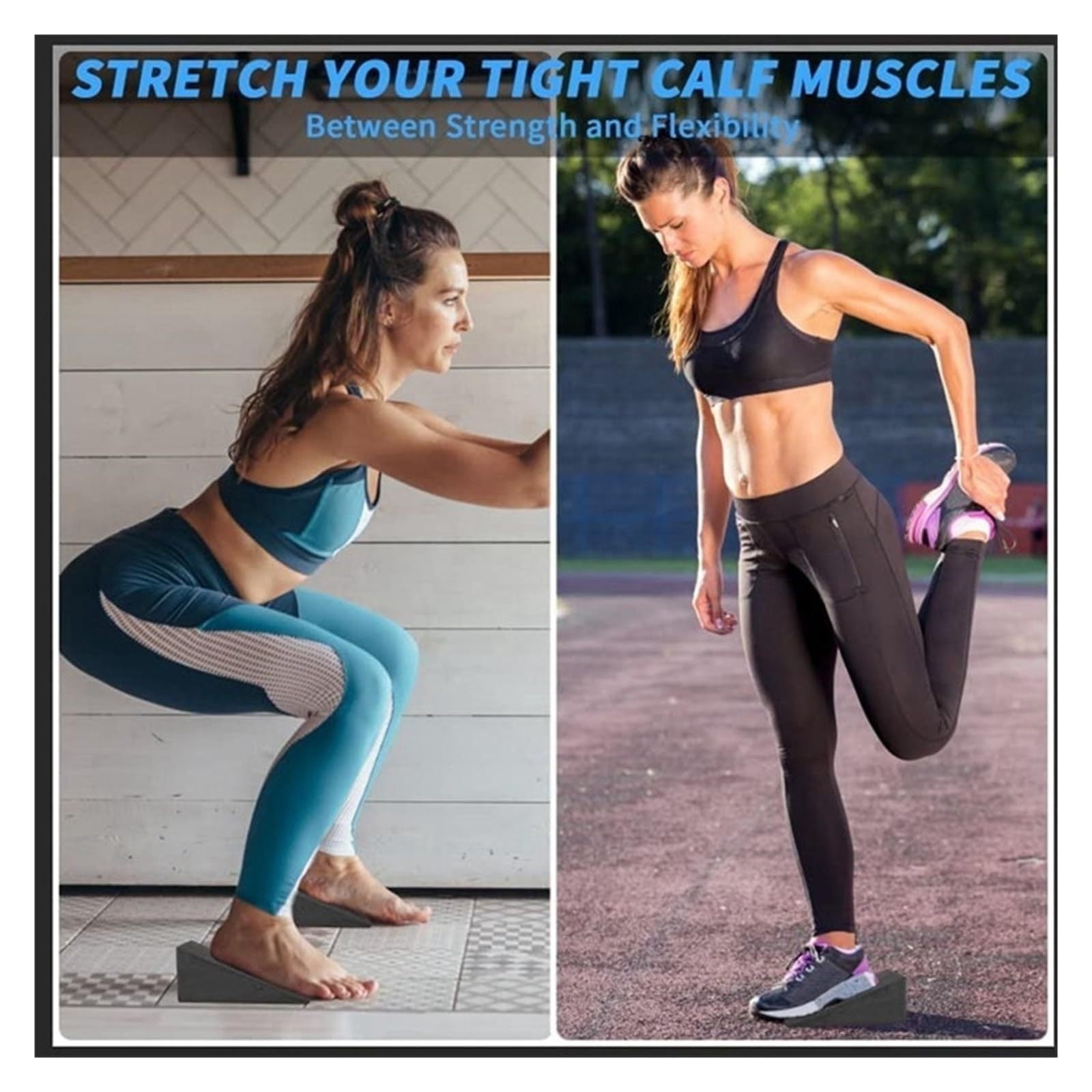 Two women stretching their calves while working out on squat wedge