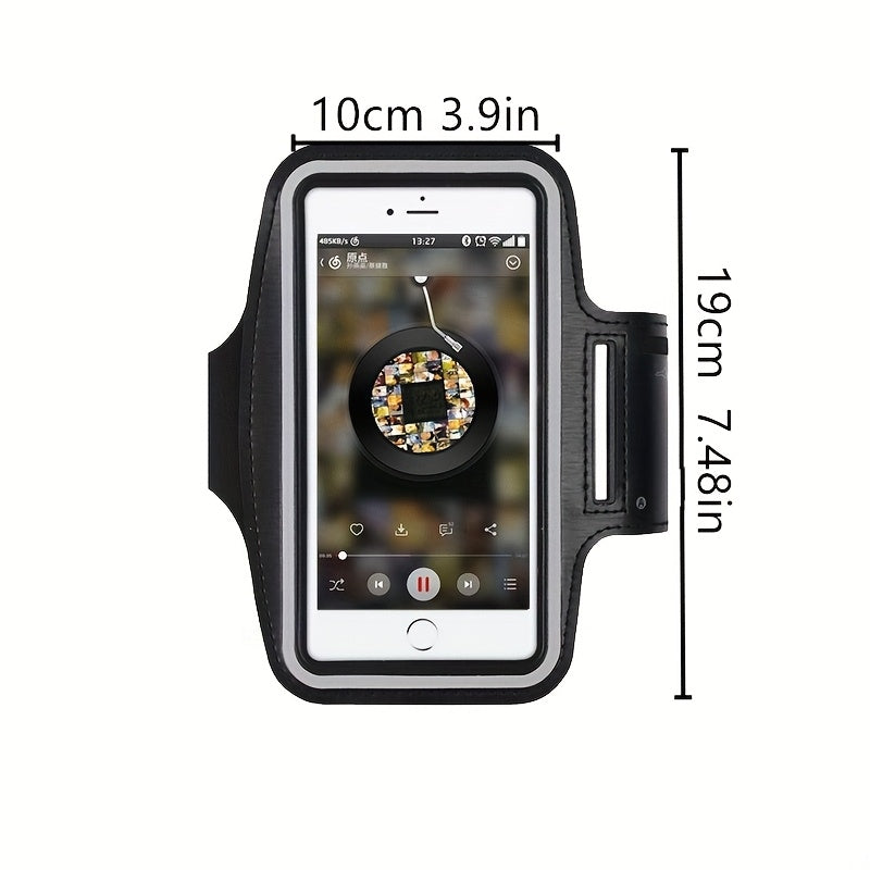 Phone holder for running​ with smartphone displaying a music app, showing dimensions on a white background.