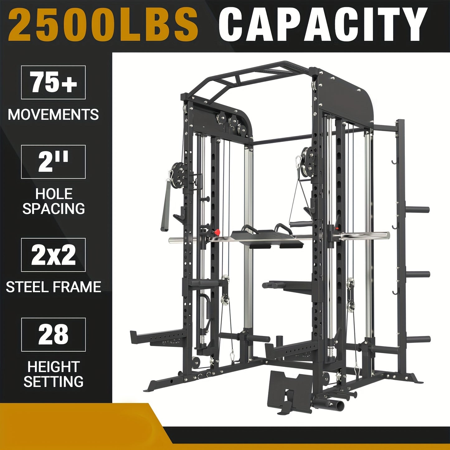 Gym power rack with capacity and feature details on a white background