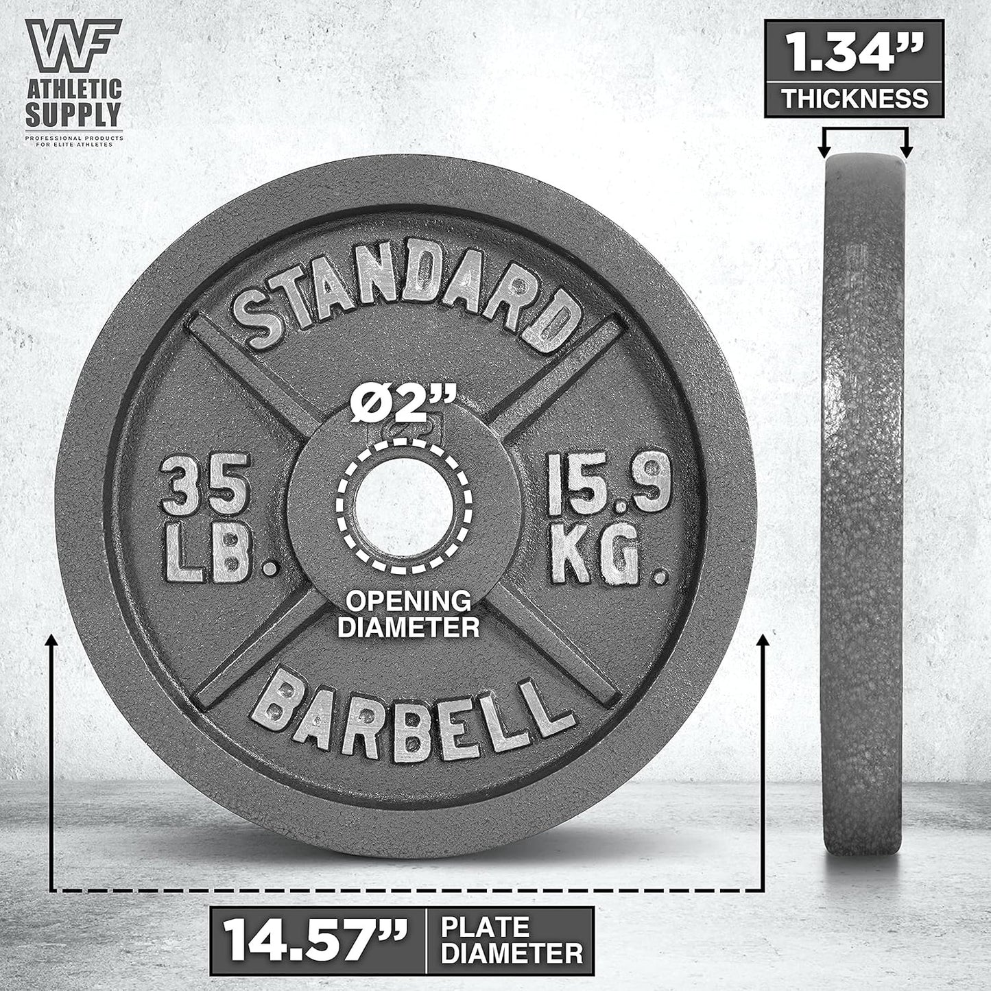 Weight plate with measurements on a gray background