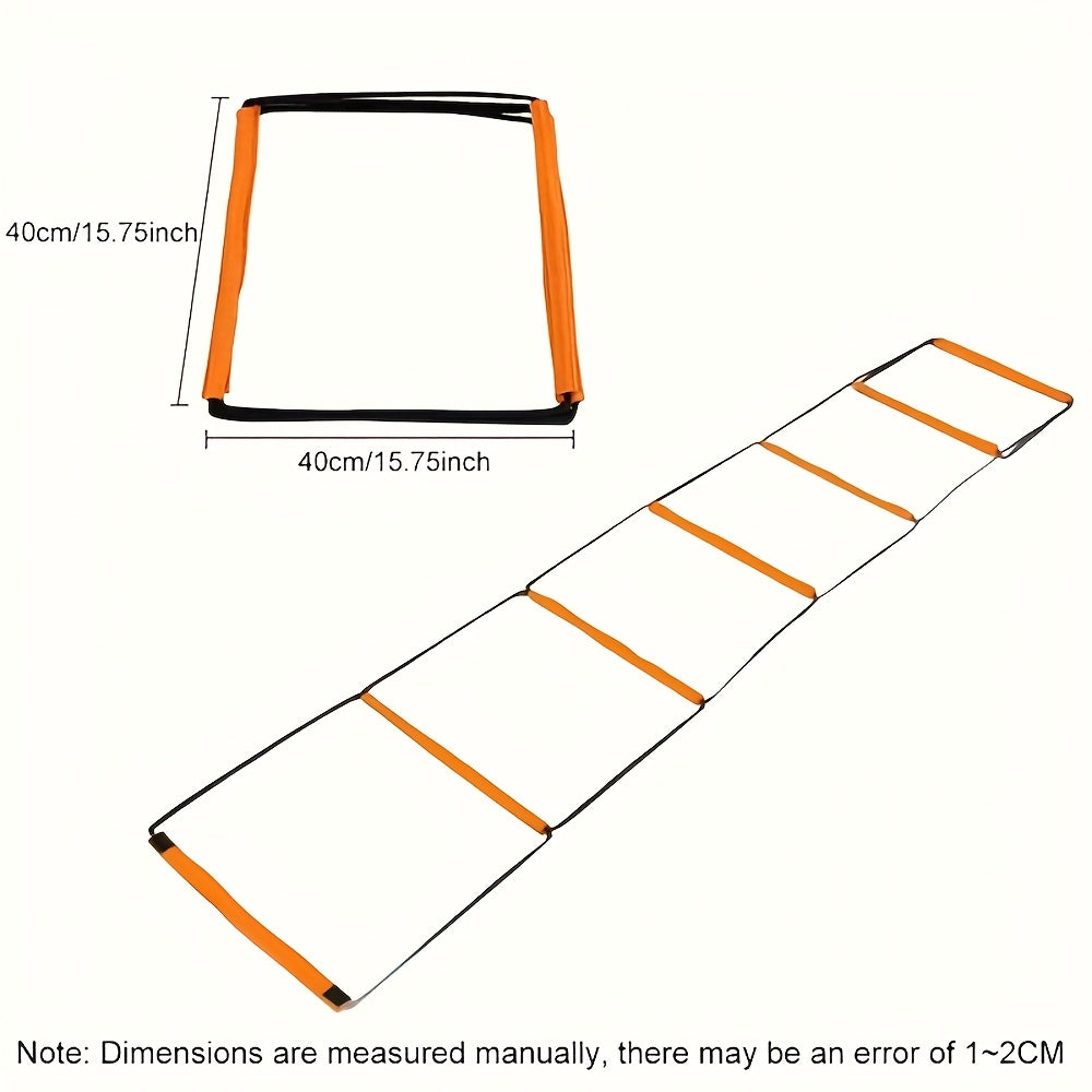 Orange and black agility ladder with measurements on a white background