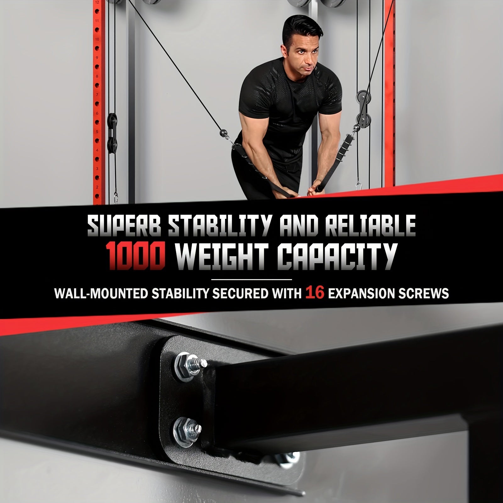 A man using a folding power cage with text about stability and weight capacity.