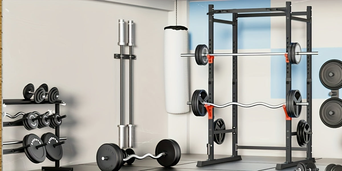 Gym equipment including a barbell, dumbbells, and weight rack in a home setting.