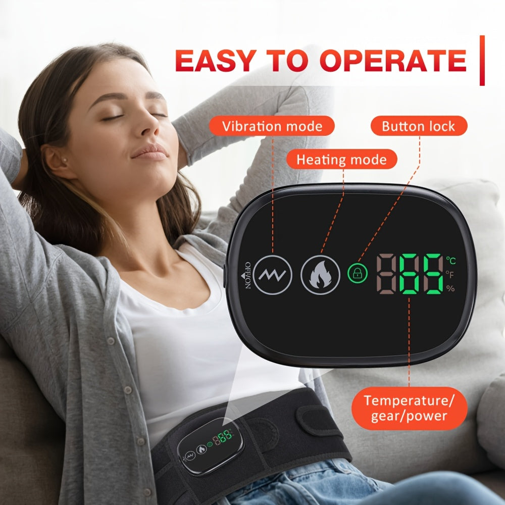Woman using a muscle stimulator machine with digital display and control buttons, labeled 'Easy to Operate'.