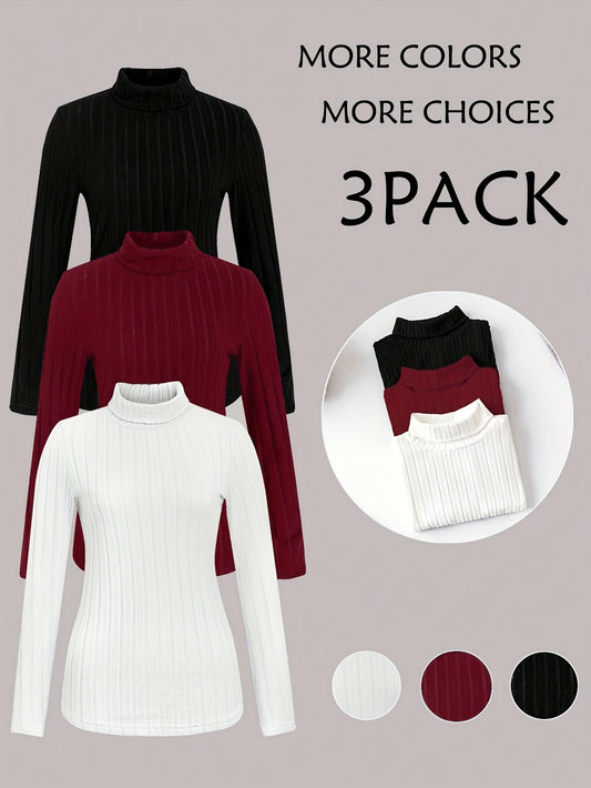 Three-pack of turtleneck sweaters in black, red, and white on a beige background.