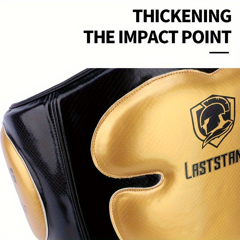 Black and gold boxing glove with 'LASTSTAND' branding, emphasizing impact point thickening.