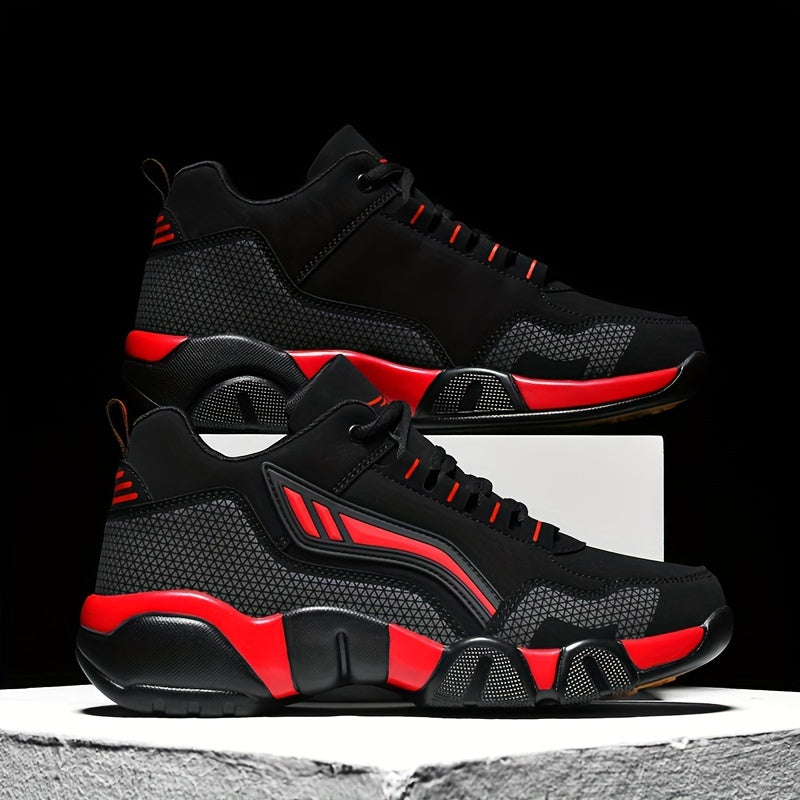 Black and red lace up sneakers on a black background
