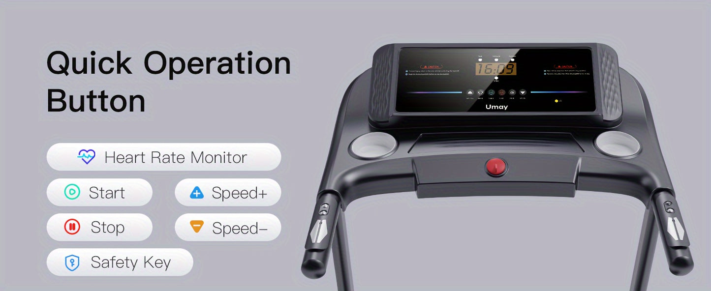 Umay treadmill control panel with quick operation buttons on a gray background