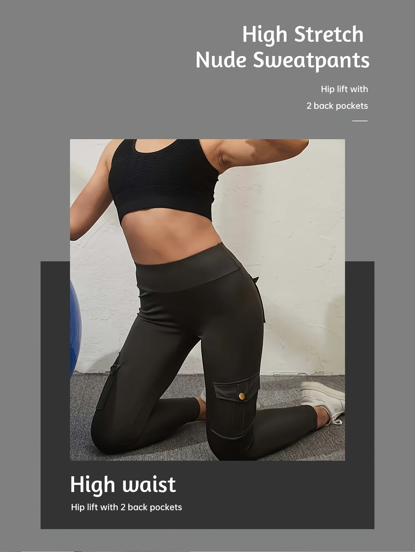 Person wearing black high stretch yoga leggings with text on a gray background