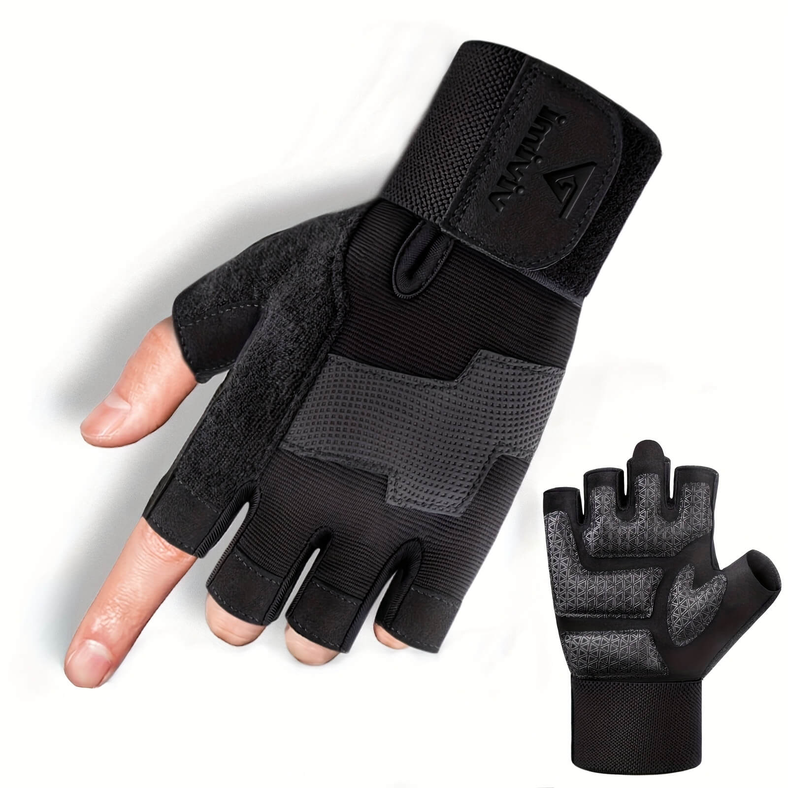 Black and gray weightlifting workout gloves with fingerless design on a white background