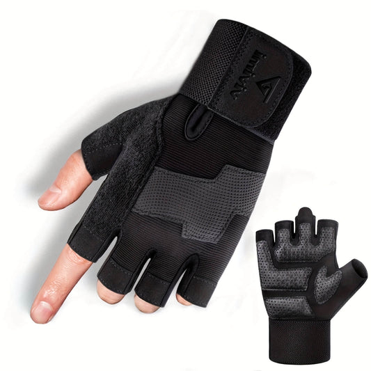 Black and gray weightlifting workout gloves with fingerless design on a white background
