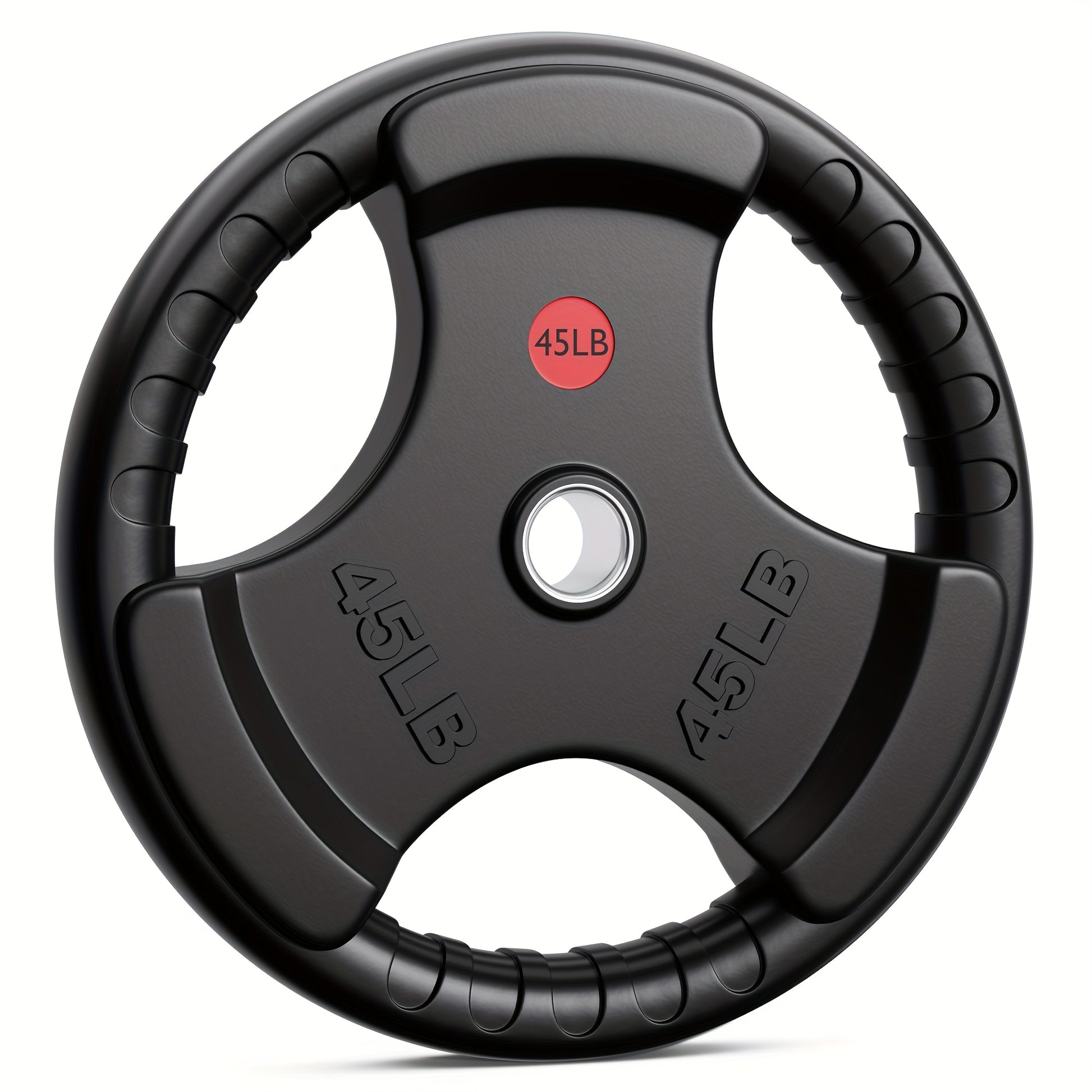 Black weight plate with '45LB' marking on a white background