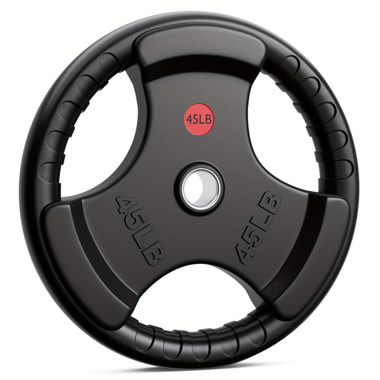 Black weight plate with '45LB' marking on a white background