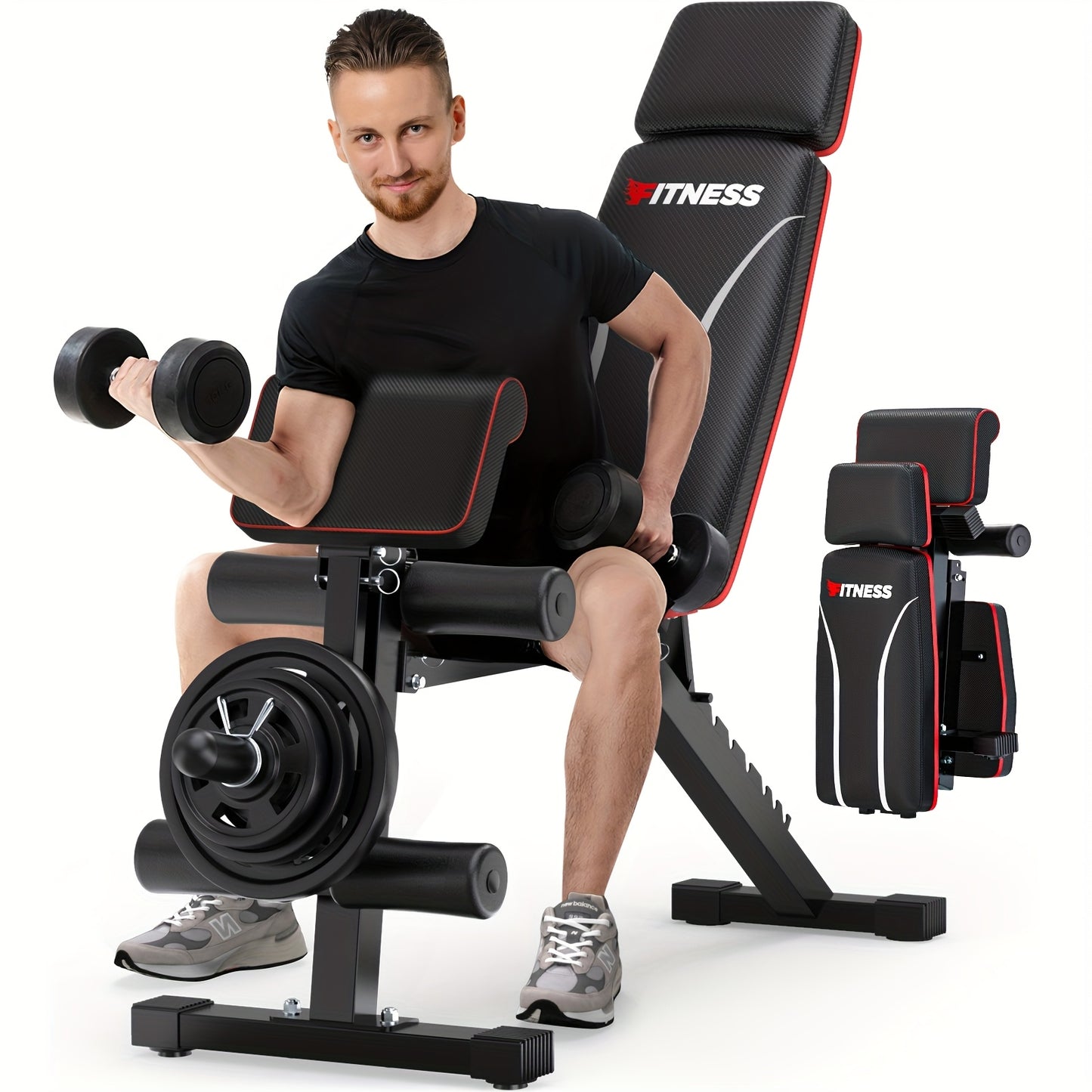 Man using a adjustable workout weight bench with weights on a white background