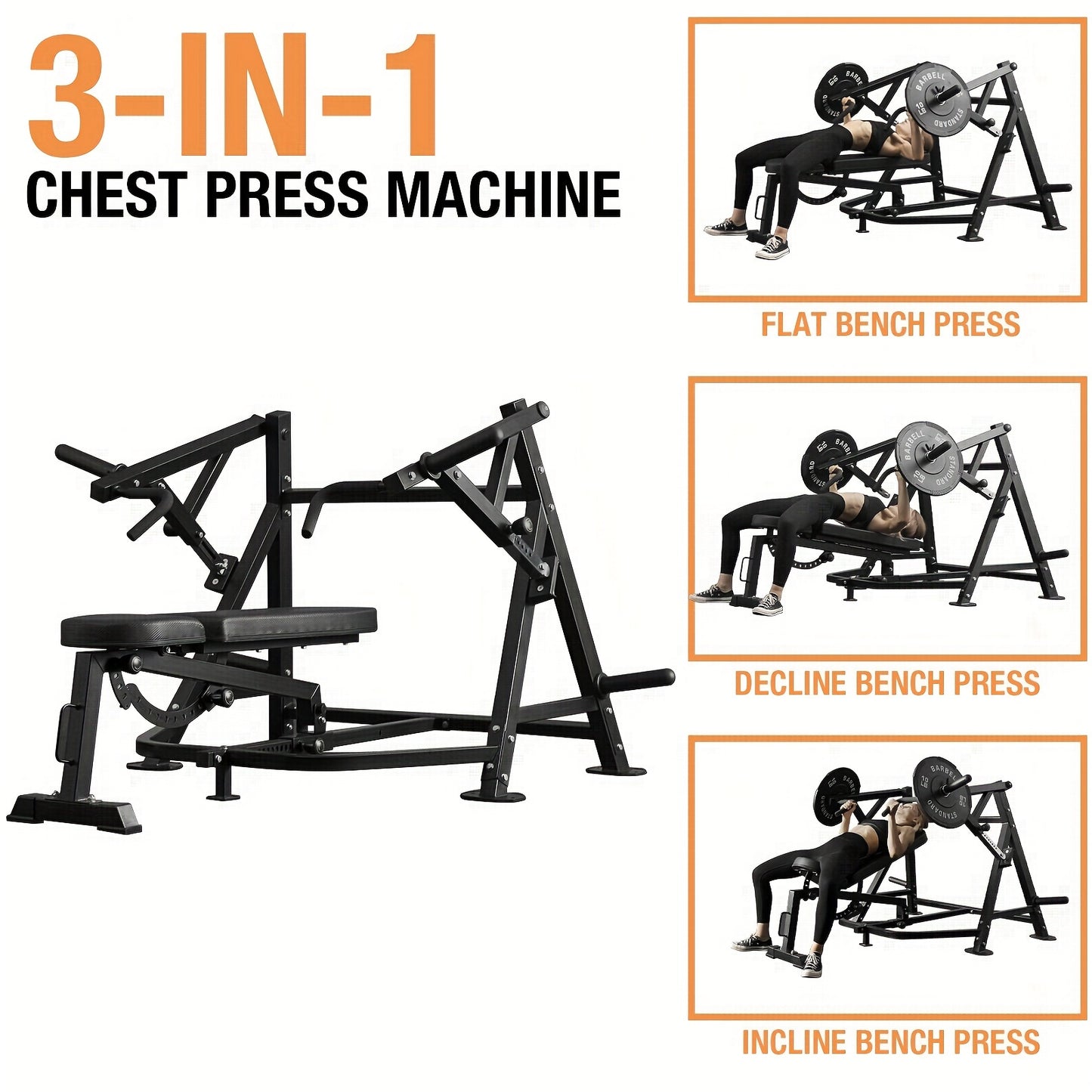 3-in-1 chest press machine with usage illustrations on a white background