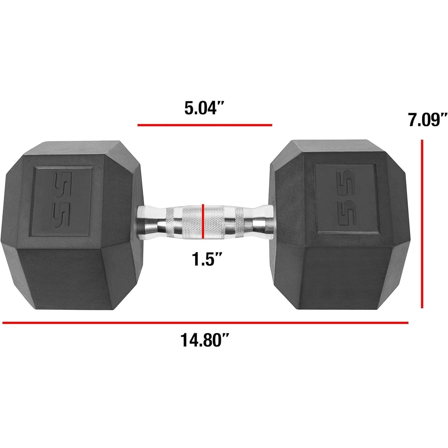 Hexagonal dumbbells with measurements on a white background