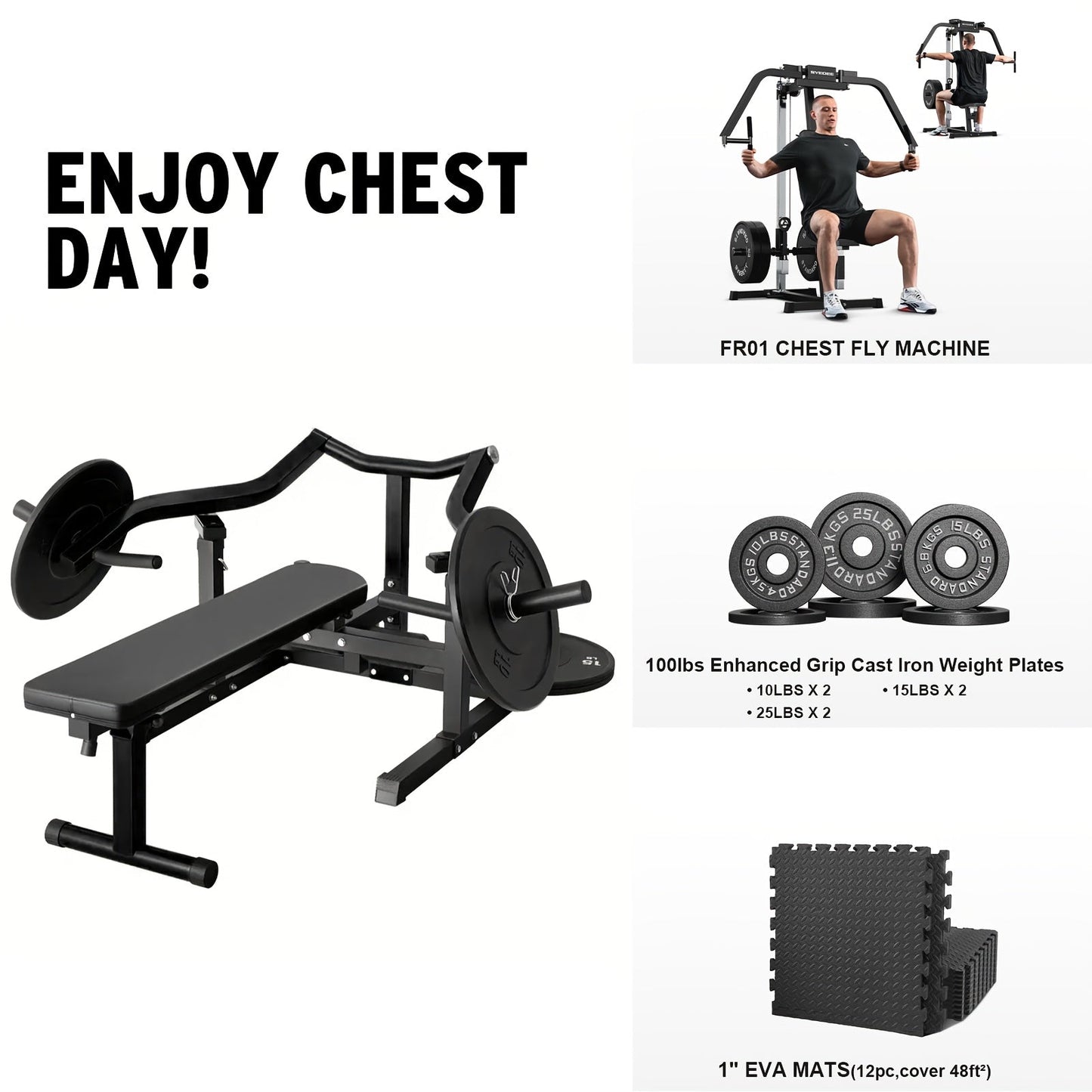 Gym equipment including a chest fly machine, weight plates, and mats with Ormaise branding.